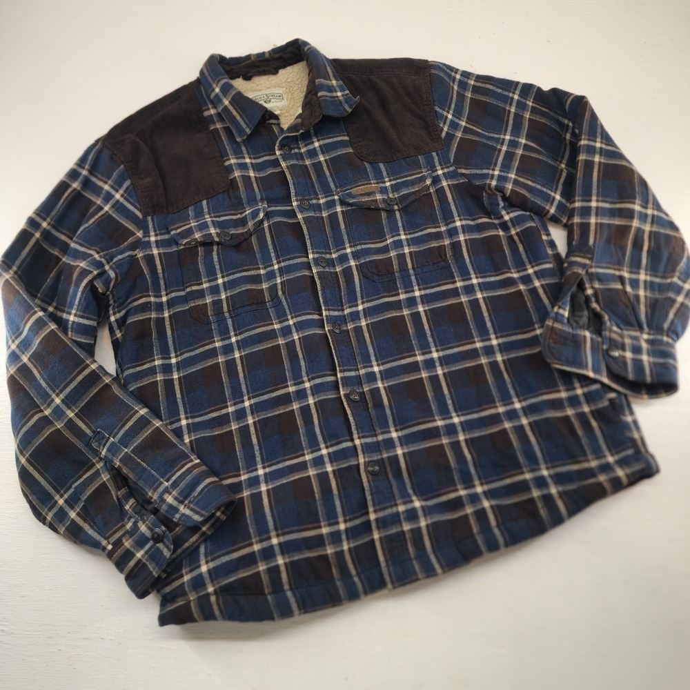 Field & Stream Mens Blue Plaid Sherpa Lined Flannel Shirt Jacket Corduroy Large